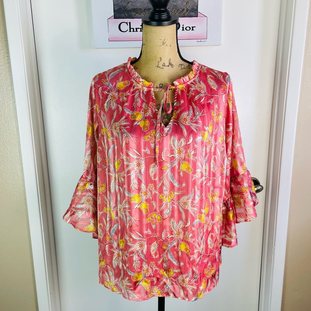 Boho LC Lauren Conrad Multicolor Floral 3/4 S Ruffled Blouse Top, 1X Bell Sleeve